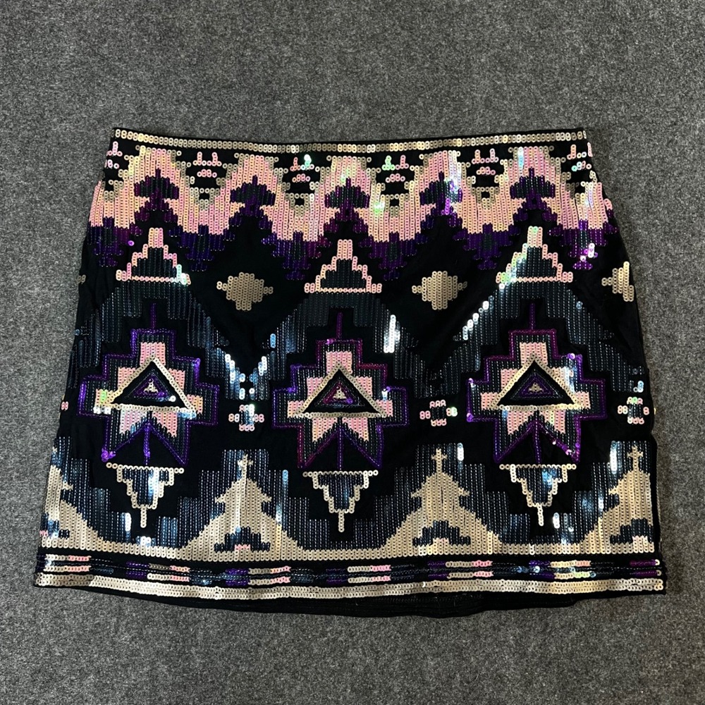 Express Sequin Geometric Mini Skirt Black Purple Gold Festival Party Womens S